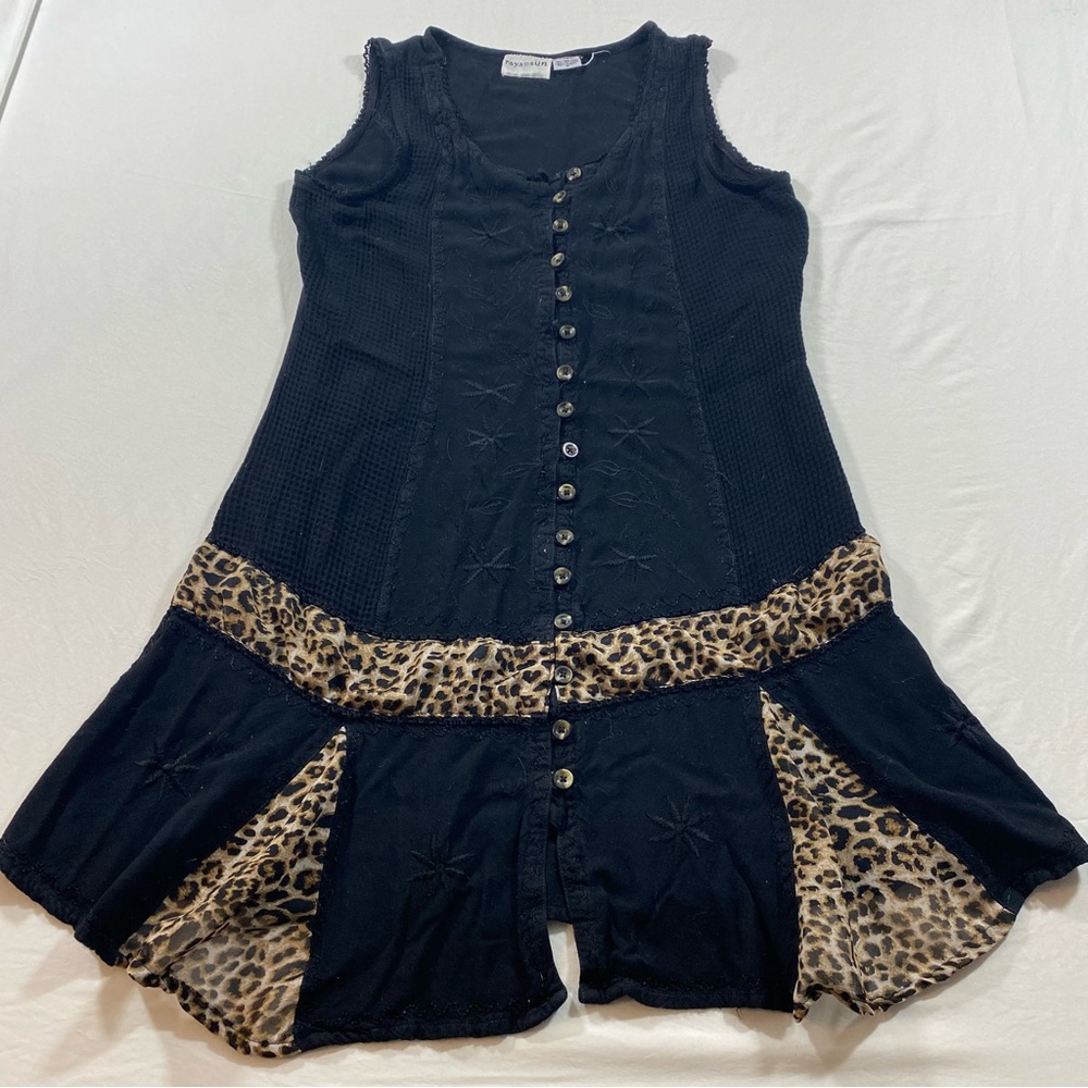 Raya Sun Dress Women’s Small Button Down Boho Cotton black leopard Mini full